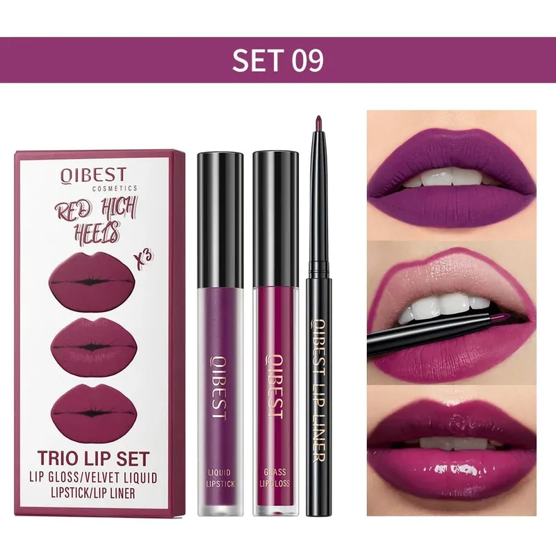 Lipstik Cair Matte & Lip Liner & Lip Gloss 3 Buah Set Kit Kosmetik Pewarna Bibir Merah Hitam Ungu Tahan Lama Anti Lengket — image 17