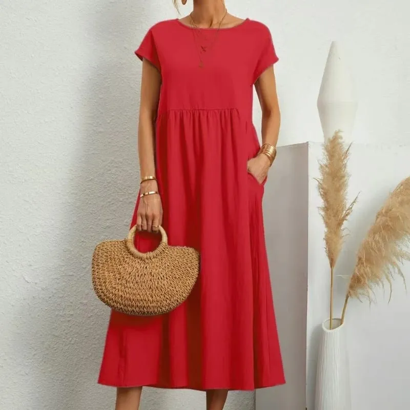 Gaun Linen Kapas Pepejal Premium yang Elegan Midi Musim Panas dengan Poket Longgar Leher Krew Kasual Lengan Pendek untuk Perjalanan Pantai — image 12