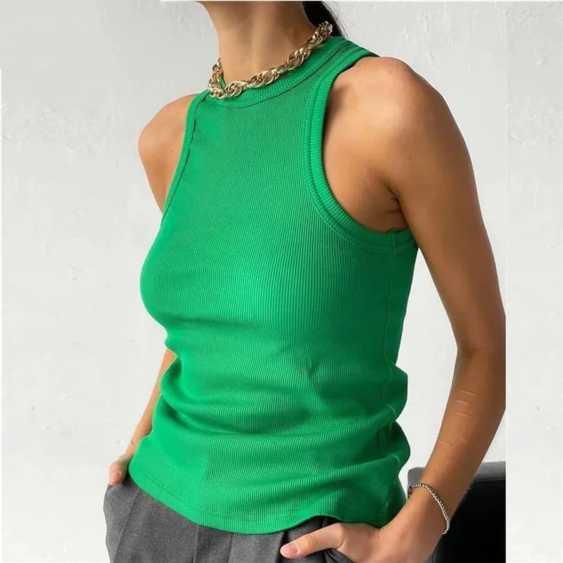 Top in maglia a costine Collo Camicie basic estive Bianco Nero Gilet sportivo casual con spalle scoperte Canotta da donna verde — image 3