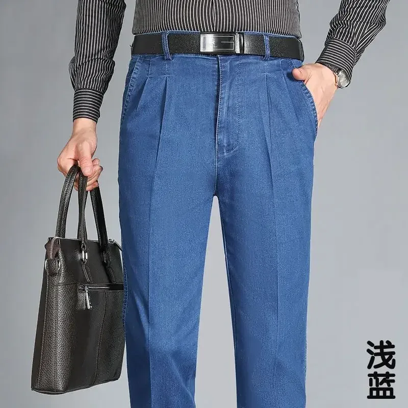 Primavera e verão jeans de meia-idade high-end elástico solto de cintura alta jeans masculino pai calças jeans de negócios — image 11