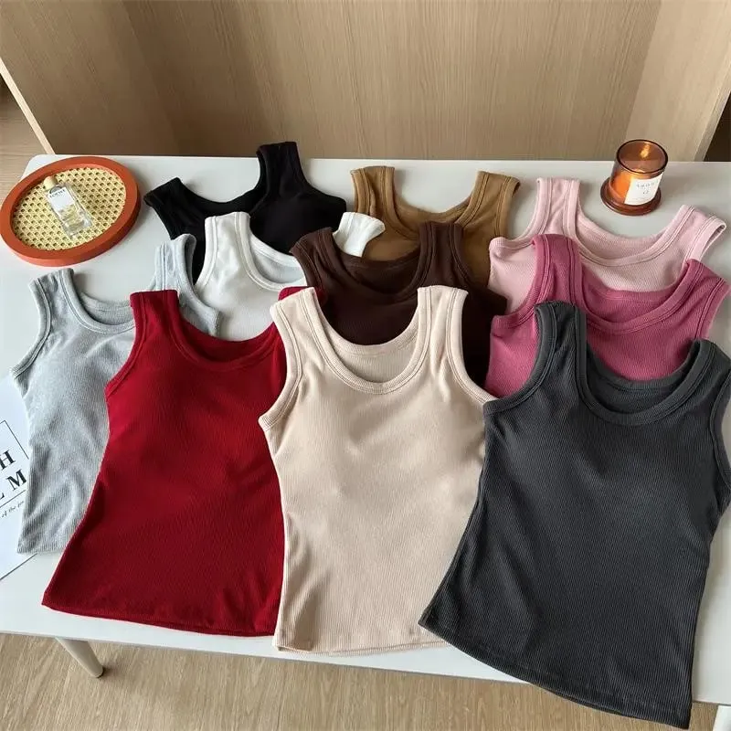 Frauen Einfarbig O Hals Rippen Tank Top Breite schulter Gurt Leibchen 2025 Sommer herbst Grundlegende Leibchen Elastische Tank Tops