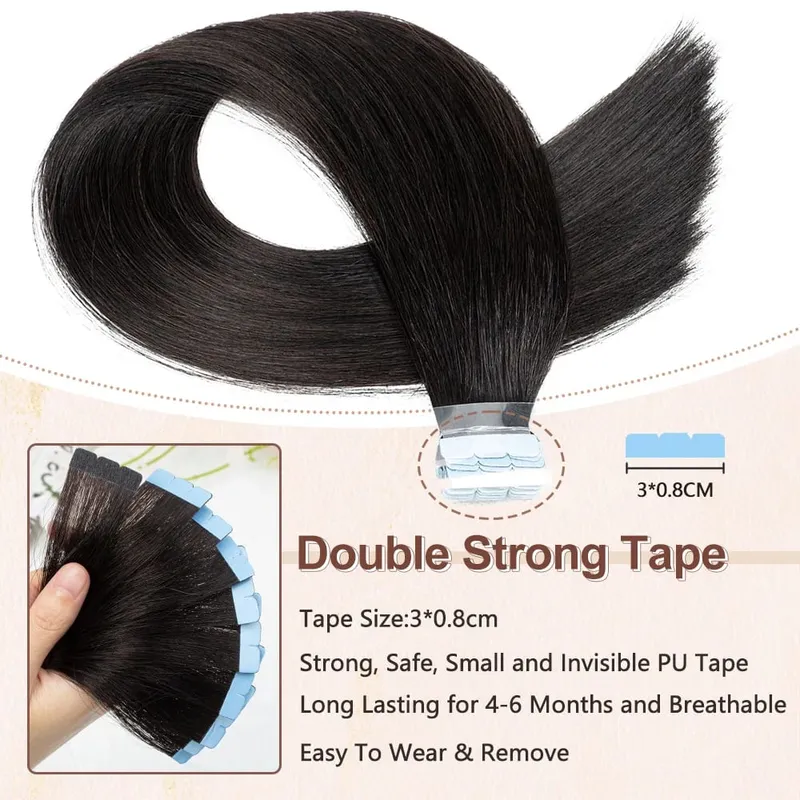 Pita Mini dalam Sambungan Rambut Manusia Sebelah Dua Pita Lancar Tidak Kelihatan dalam Rambut 10pcs/set Asli Lurus Hitam Coklat Berambut perang — image 4