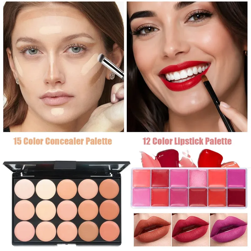 Kits de maquillage 6 pièces, Palette de fard à paupières 54 couleurs, Palette de correcteur de 15 couleurs, brillant à lèvres 12 couleurs avec 9 pinceaux, ensemble complet de pinceaux à lèvres — image 4