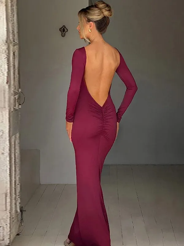 Hugcitar Spring Elegant Langærmet Rygløs Solid Cuched Sexet Bodycon Maxi Gallakjole Kvinder Outfit Aften Fest Festival Y2K