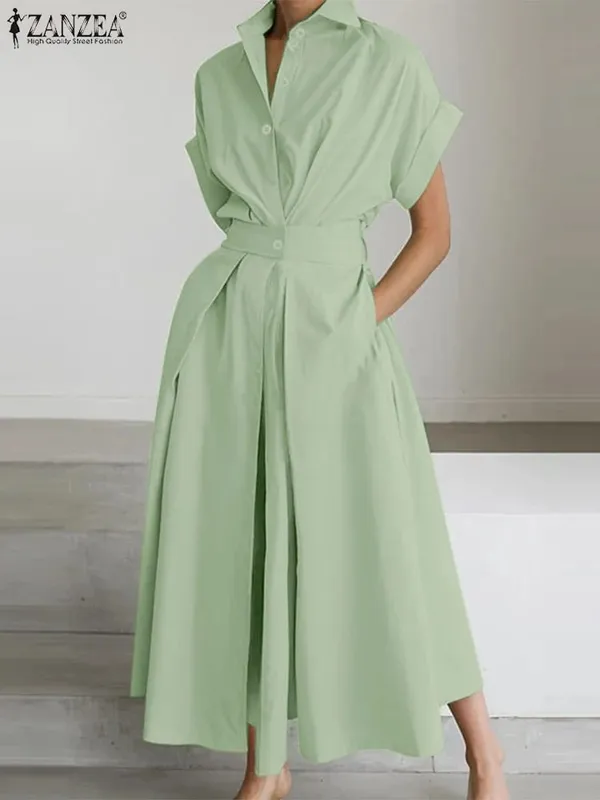 Elegant Chic ผู้หญิงชุดยาวลำลองแขนสั้นคอเอวสูง Casual & Day เสื้อชุดสีทึบ S-3XL — image 9