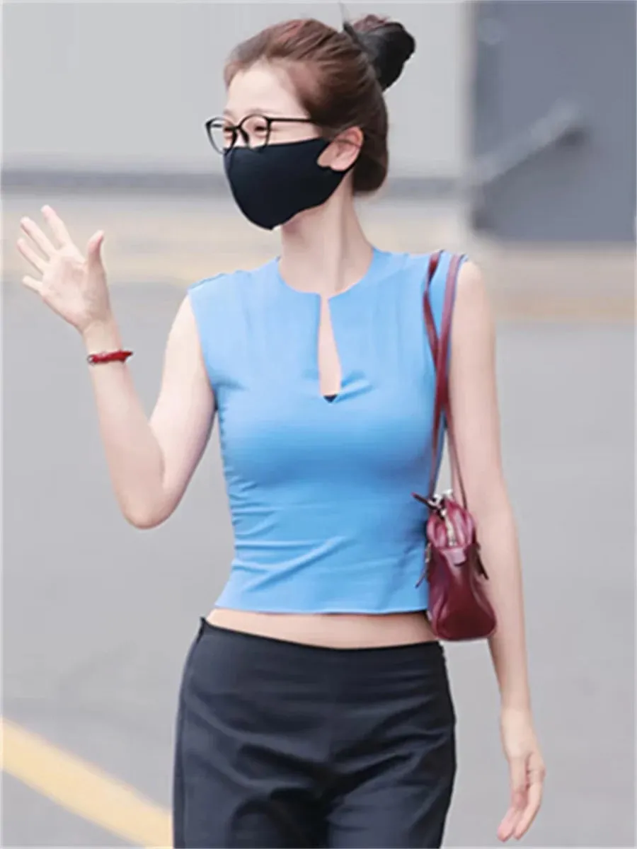 Kasual Puss Pelik Trend Tank Top Wanita Bergaya Klasik Split Patchwork Stretch Simple Sporty Streetwera Fesyen Asas Vest Harian — image 4