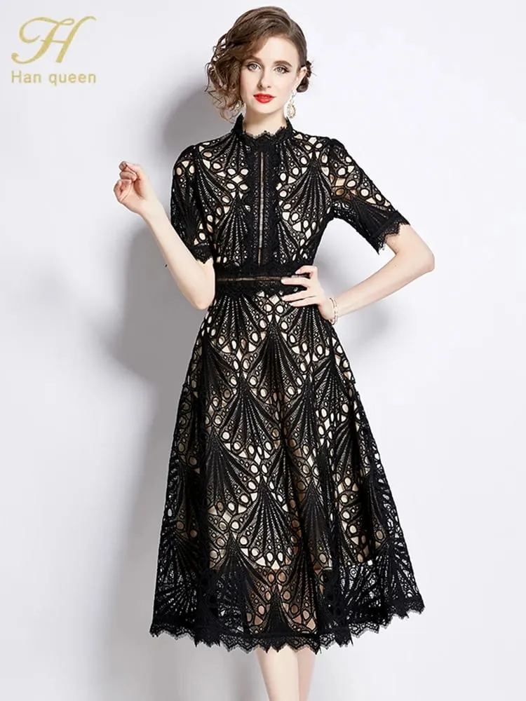 H Han Queen printemps nouveau élégant décontracté travail robes de soirée Floral Crochet évider dentelle Patchwork décontracté bureau robe mi-longue — image 5