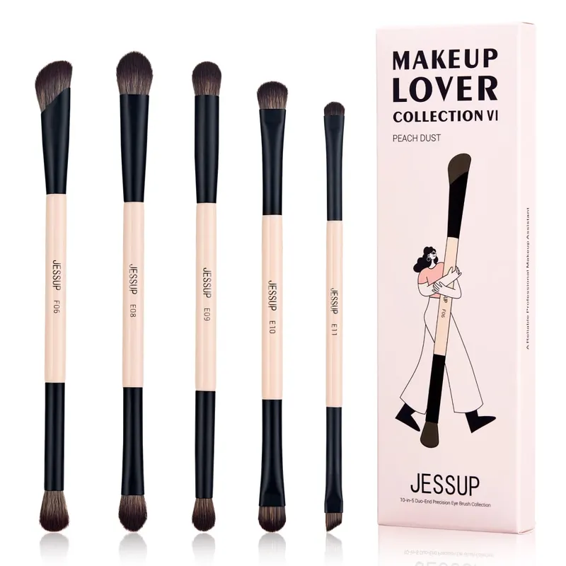 Jessup Set di pennelli per trucco 3/5/7 pezzi Pennello per trucco a doppia faccia Fondotinta Ombretto in polvere Miscela di polvere di pesca cruelty-free T600 — image 10