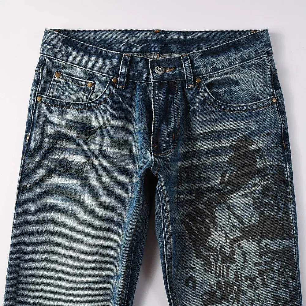 Erkek Çizme Kesim Denim Kot İnce Genişletilmiş Pantolon Mavi Streç Uzun Pantolon Yüksek Kaliteli Desen Baskı — image 3