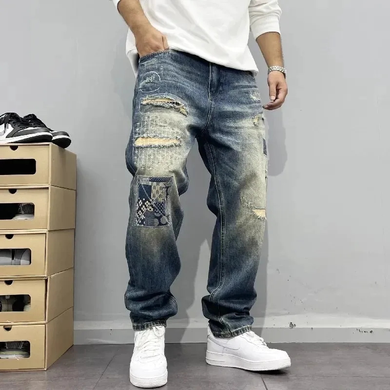 Baggy Jeans Vintage Distressed Patchwork Jeans Herren Gerade Lose High Street Hip-Hop Lange Hosen Herrenbekleidung Jeans für Männer — image 5