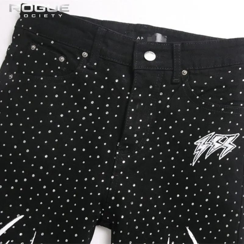Seluar Jeans Berlian Buatan Api Punk Lelaki Harajuku Hitam High Street Elastik Streetwear Y2K Grunge HipHop Seluar Denim Kasual Uniseks Edgy — image 3