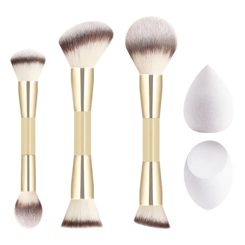 5 Buah Set Alat Rias 3 Kuas Ujung Ganda 2 Spons Kecantikan untuk Kit Kosmetik Wajah Kontur Foundation Blush