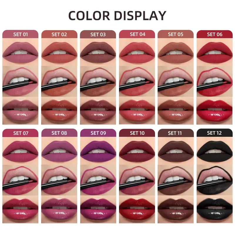Lipstik Cair Matte & Lip Liner & Lip Gloss 3 Buah Set Kit Kosmetik Pewarna Bibir Merah Hitam Ungu Tahan Lama Anti Lengket — image 3