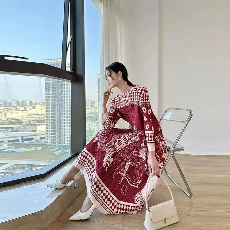 Beautiful Womens Dresses Spring New Printed Loose Folding Dress with Round Neck and Long Sleeve Fashion Temperament Long Dresses — image 3