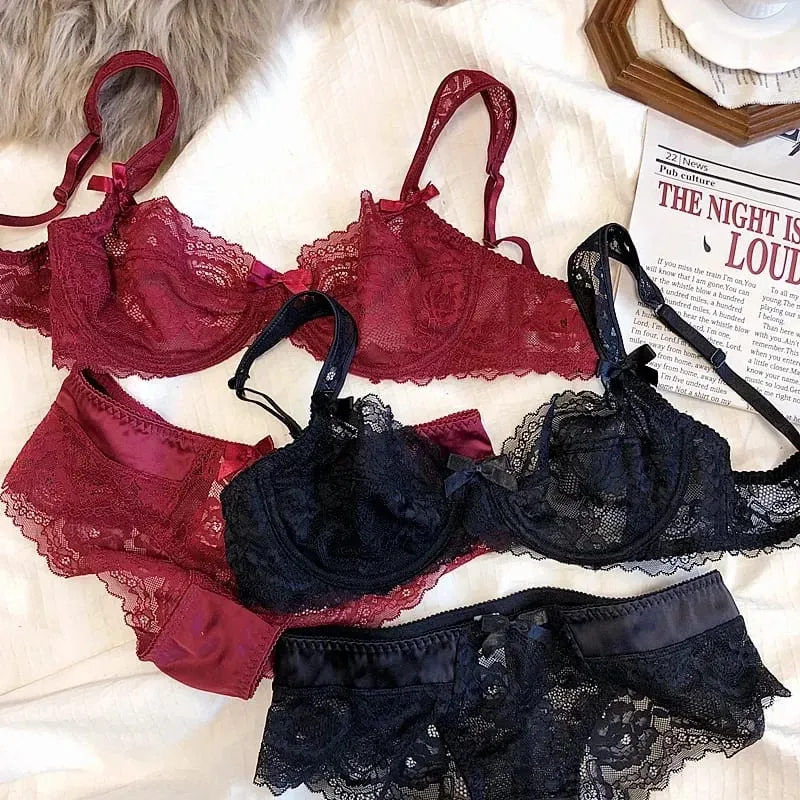 French Romantic Ultra-thin Lace Sexy Transparent Gathering Big Breasts Show Small Underwire Bra Cover Underwear Set Women — image 1