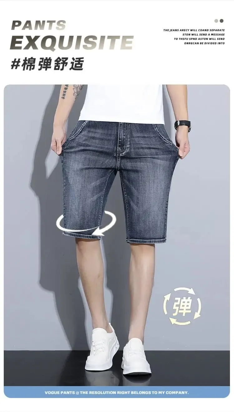 New Summer Men's Denim Thin Casual Pants Straight Leg Shorts Elastic Five Quarter Pants — image 8