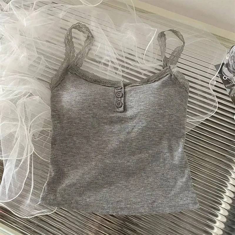 Summer Lace Strap Patchwork Camisole Kvinder Ensfarvet Ærmeløse Buttons Tank Top — image 11