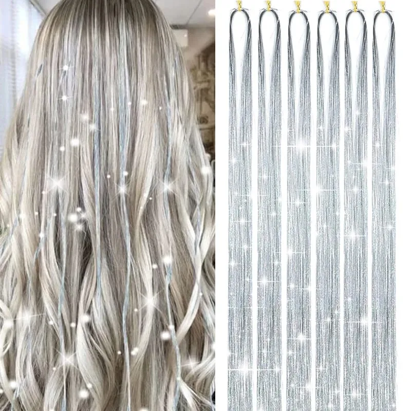 Syntetické 6ks Sparkle Lesklé Tinsel prodlužování vlasů Barevné dlouhé rovné Tinsel Kit 1200 pramenů Příčesek pro dívčí párty — image 2