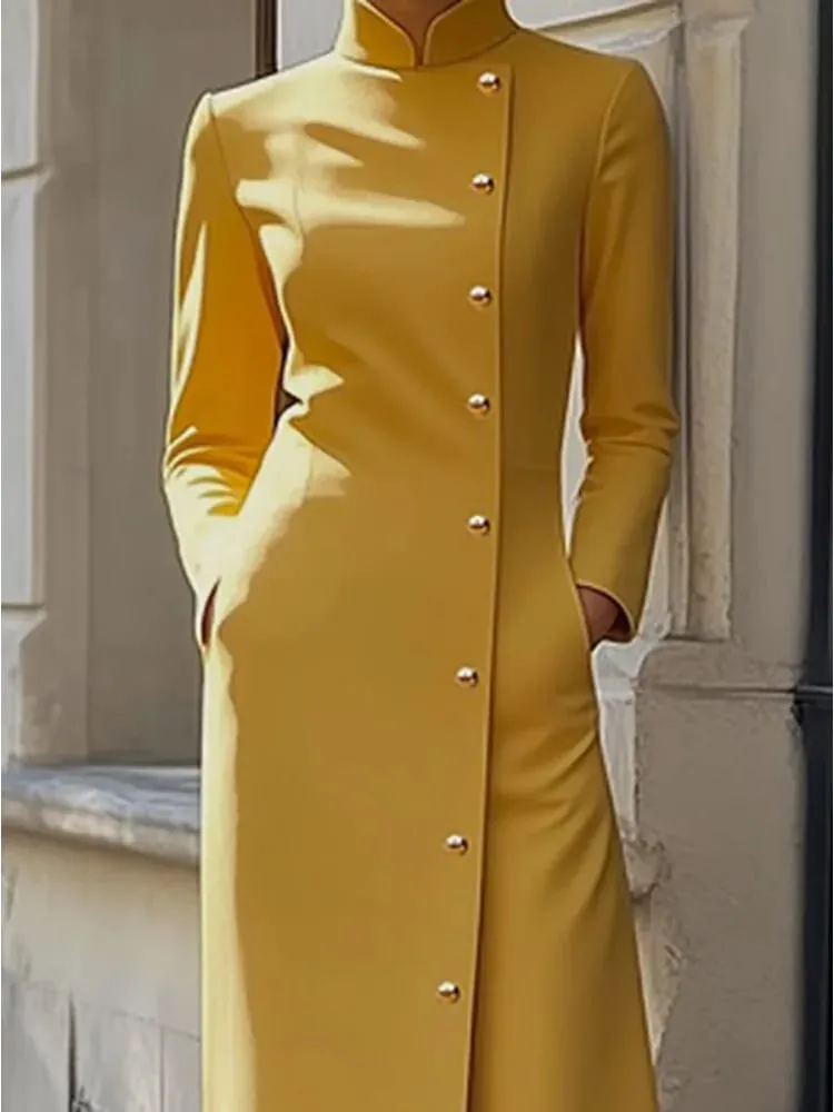 Freeacy Women's Yellow Mandarin Collar Diagonal Long Sleeve Buttoned Maxi Dress for Wedding Guest 2026 Luxury Office Dress — image 2