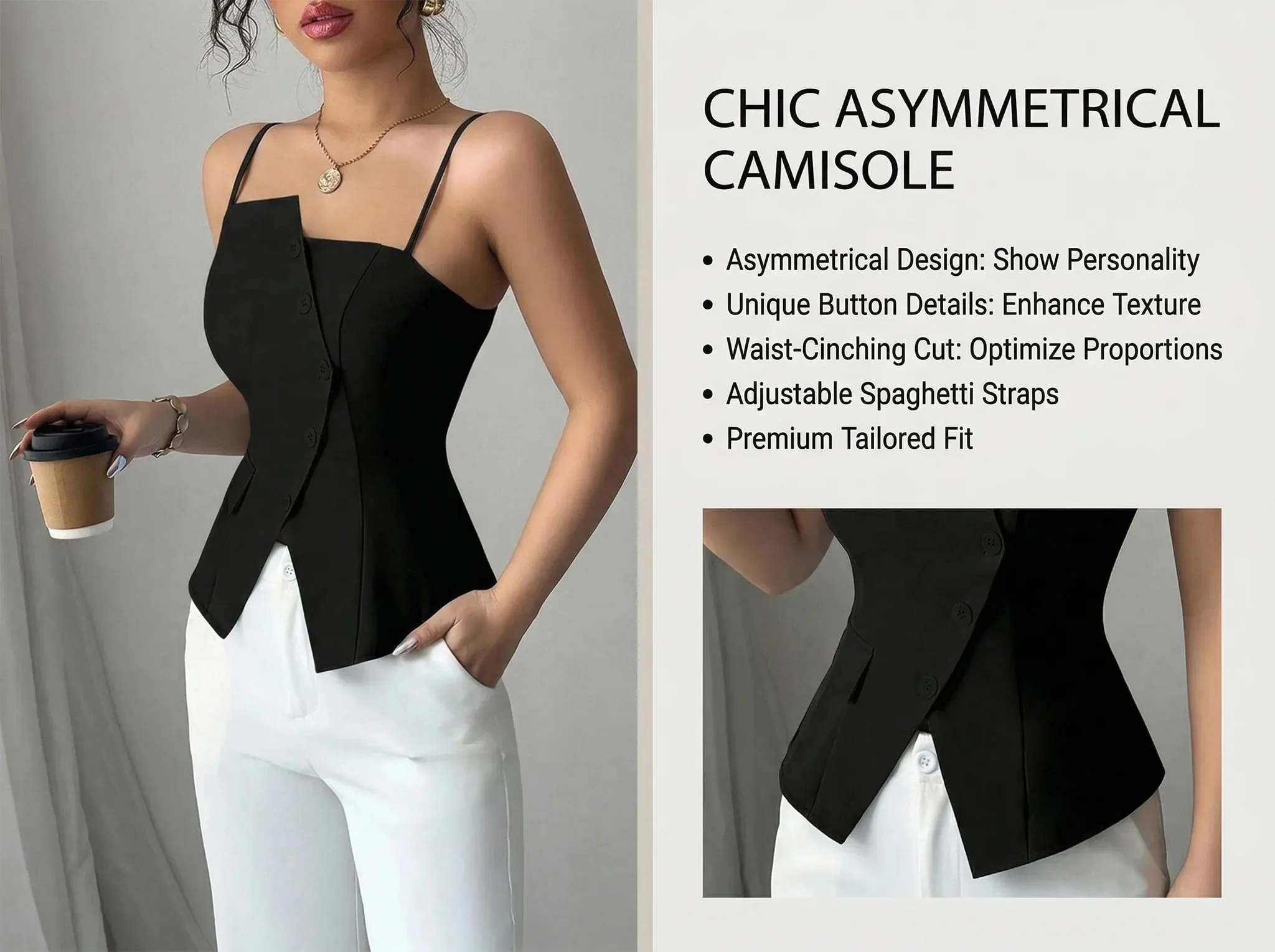 Damen-Cami-Top mit dünnen Trägern, asymmetrischem Knopf-Cami-Top, Knopf-Blazer-Weste, passend für elegante, schicke Bekleidung, Oberteile für Frühling, Sommer, Alltag — image 9