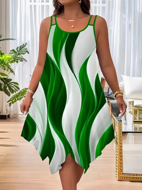 Abito da donna taglie forti con stampa a righe geometriche asimmetriche a doppia cinghia — image 8
