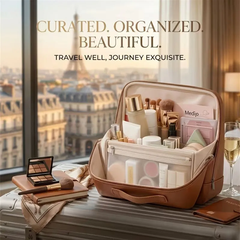 Stehende Aufbewahrungstasche für Make-up-Pinsel, PU-Leder, Kosmetiktasche mit mehreren Fächern, großes Fassungsvermögen, Organizer für Hautpflege- und Toilettenartikel — image 6