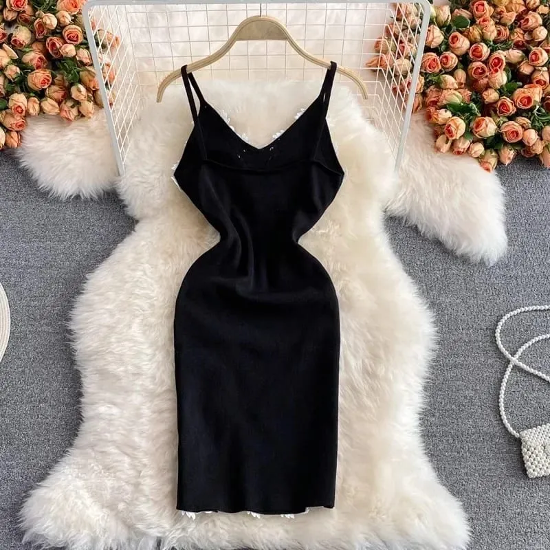 2024 Sexy Backless Spitze Patchwork Gestrickte Split Sommer Kleid Frauen Schwarz Mini Party Kleid Bodycon Mantel nacht Club Outfits