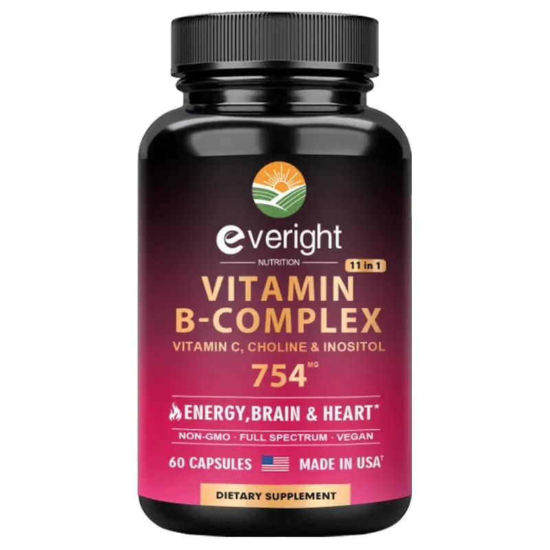 Complexo de vitamina B para suporte energético do cérebro e do coração - com B1 B2 B3 B5 B6 B7 B8 B9 B12 com vitamina C Colina Inositol