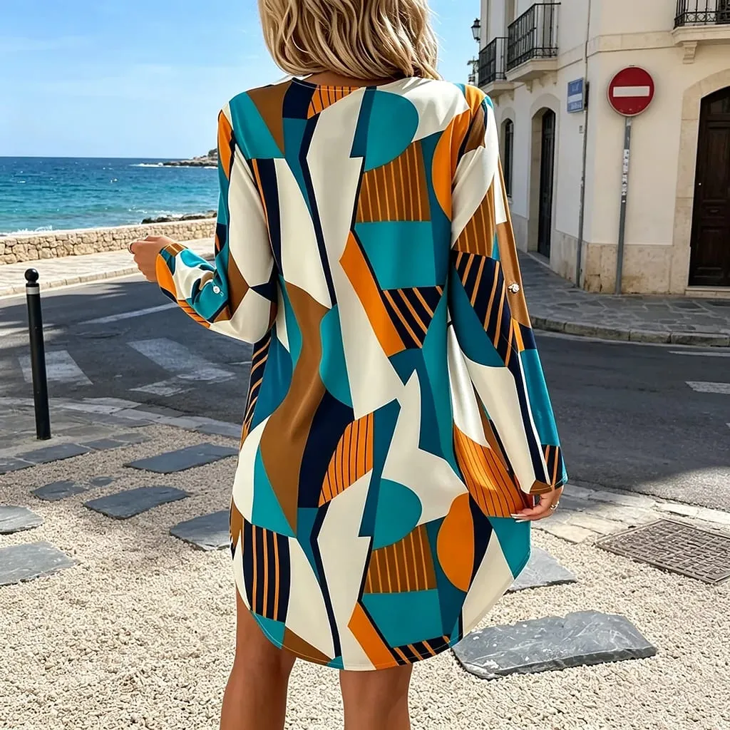 Robe à manches longues et col en v, Mini robe ample à motif géométrique imprimé, tenue de plage décontractée, courte, été — image 6