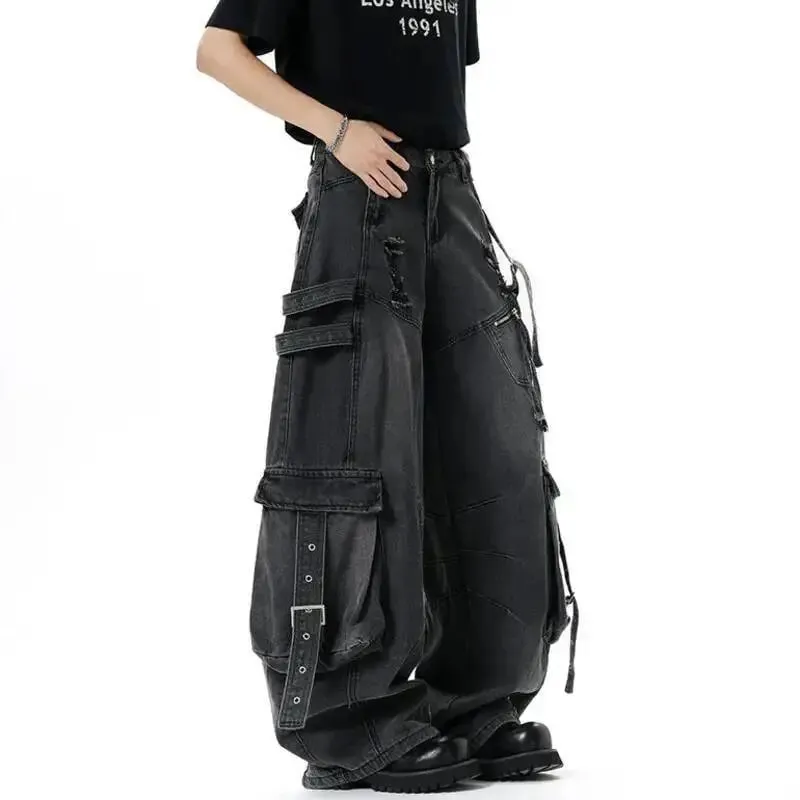 Amerikanische Herrenjeans, einfarbig, mit mehreren Taschen, lässige, abgenutzte Hosen, Dekonstruktion, weites Bein, Denim-Hosen 9W4066