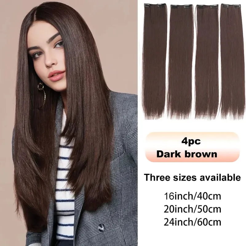 4pc Synthetic Women's 16inch/20inch/24inch Four Piece Straight Hair Extensions Black/Brown Wig Suitable for Daily Wear — image 9