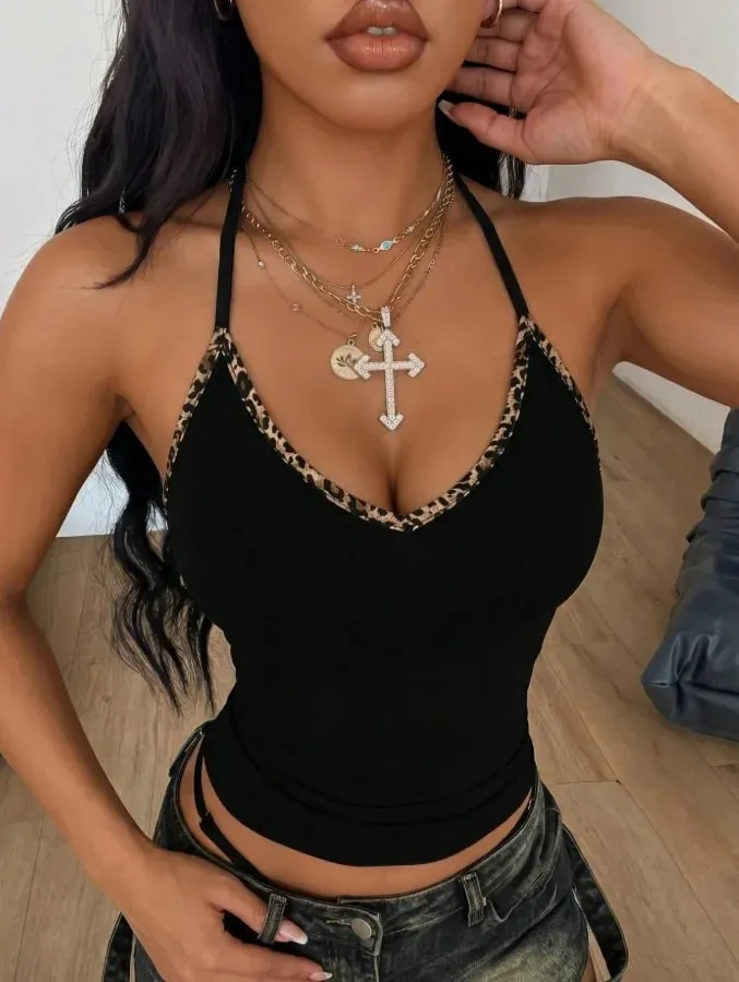 Camisole courte sans manches pour femmes, col en V, imprimé léopard, coupe cintrée, couleur unie, noir, été 2026, Y2K, Streetwear, sortie décontractée — image 4