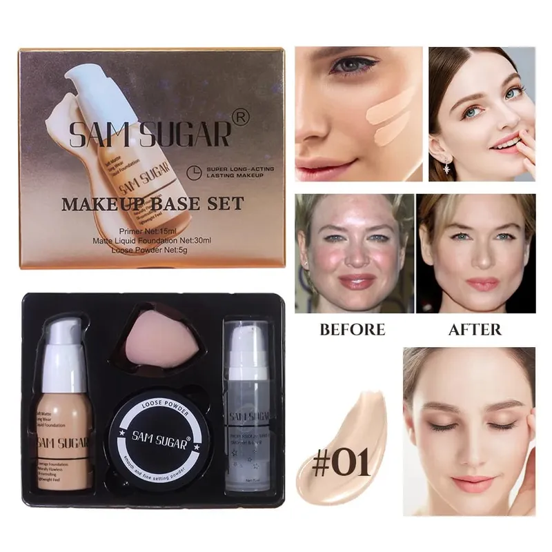 Makeup Base Sæt med 15ml Primer 30ml Matte Foundation 5g Løs Powder Puff For Glat Fejlfri Hud Longwear