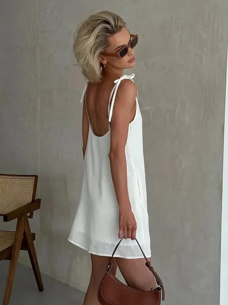 Ahagaga Fashion Women's Dresses Solid Straps Bandage Regular Causal V-Neck Sleeveless Summer Camisole Loose Sweet Femlae Vestido — image 6