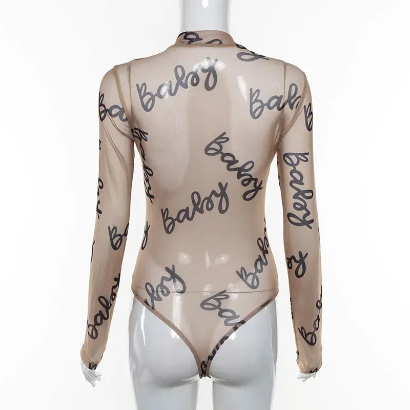 2025 Summer Sexy Letter Print Transparent Mesh Bodysuits Langærmede Se Gennem Baby Bodycon Rompers Dame Jumpsuits — image 6
