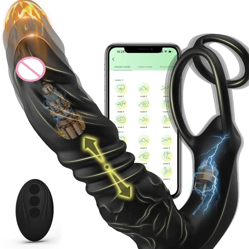 APP Teleskopisk dobbeltringtrykvibrator til mænd prostata massageapparat 5 i 1 vibratorstik Dildo Vibrator Voksen sexlegetøj mænd
