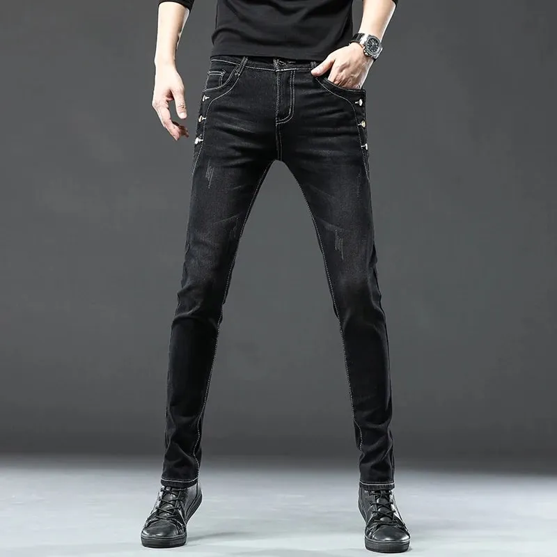 Nye mænd slanke, koreanske knap jeans, sorte skinny ensfarvede strækbare multi-knap, unge mandlige denimbukser Streetwear — image 5