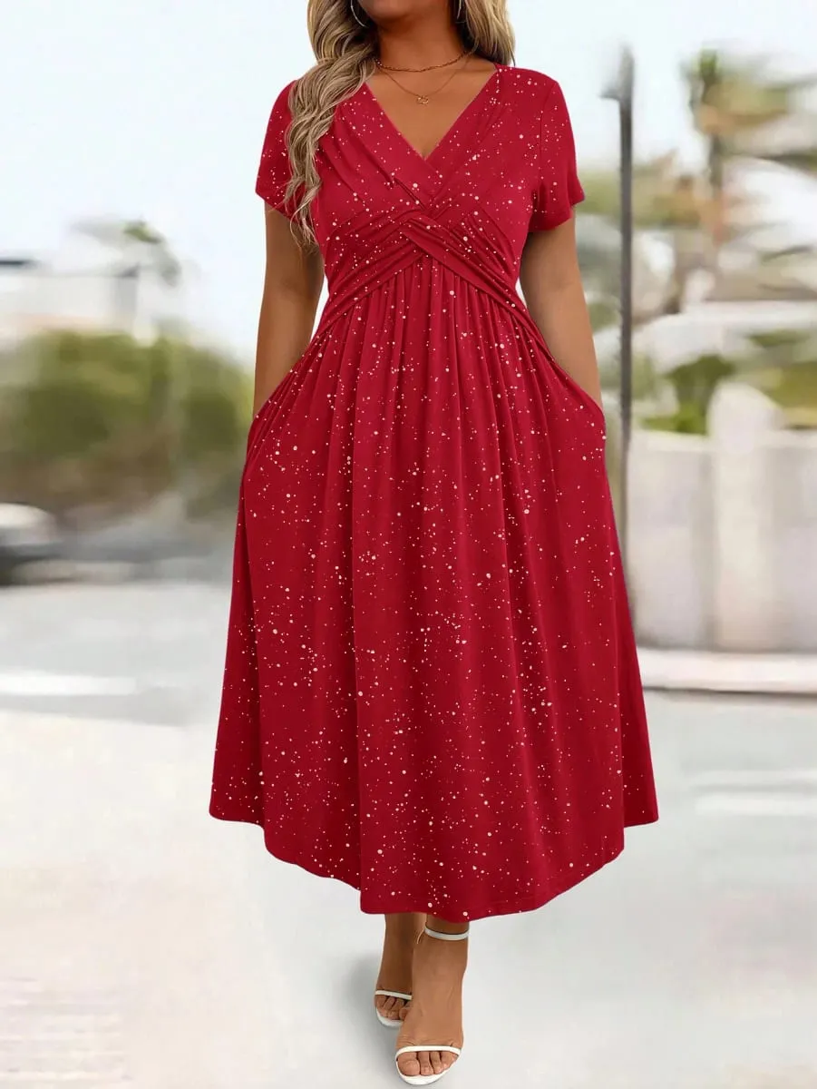 Robe élégante grande taille pour femme avec nœud torsadé brillant saupoudré de poudre avec poches et col en V — image 1