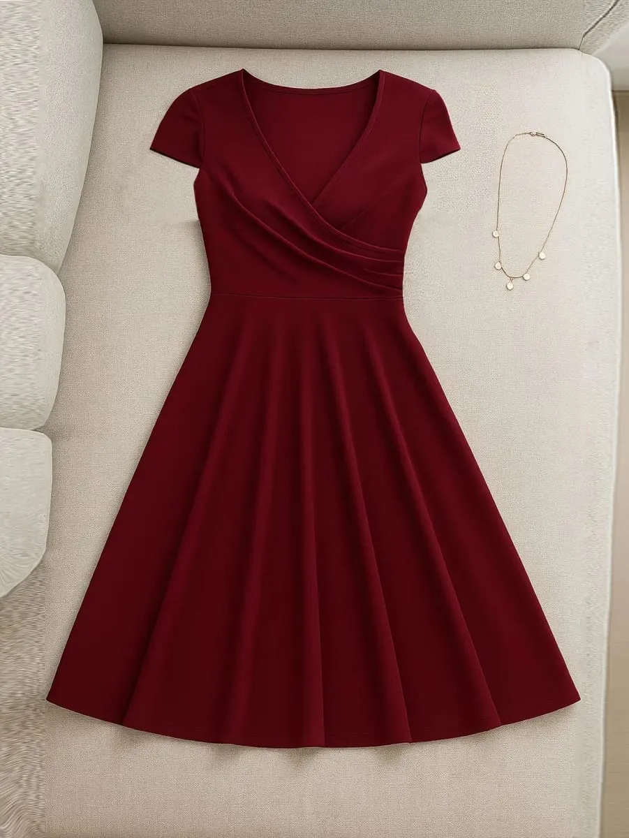 Damen-Kleid, elegant, Rundhalsausschnitt, Sommer, kurzärmelig, einfarbig, A-Linie, knielang, Kleid mit hoher Taille, für Party, Hochzeit, lässiger Abgang — image 6