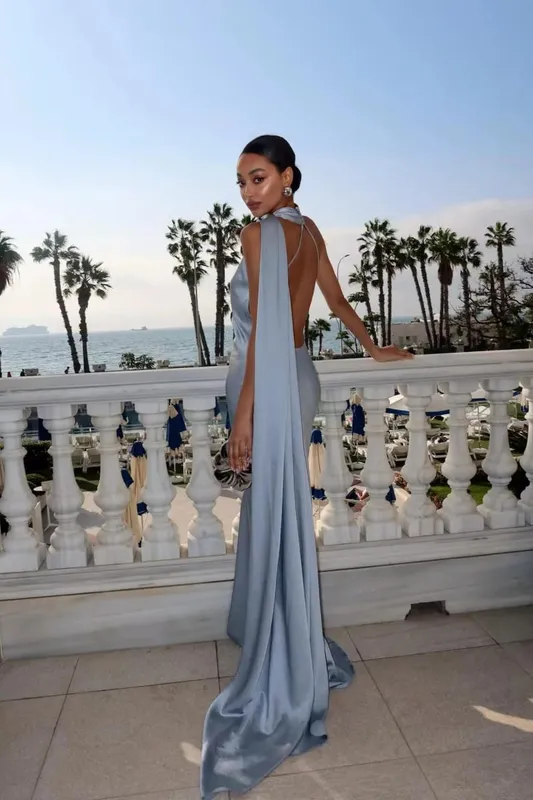 ริบบิ้นแขวนคอชุดยาวไหล่เอียง Lace Up Backless Silky ซาติน Slim Fit Halter ผู้หญิง Fishtail ชุด — image 8