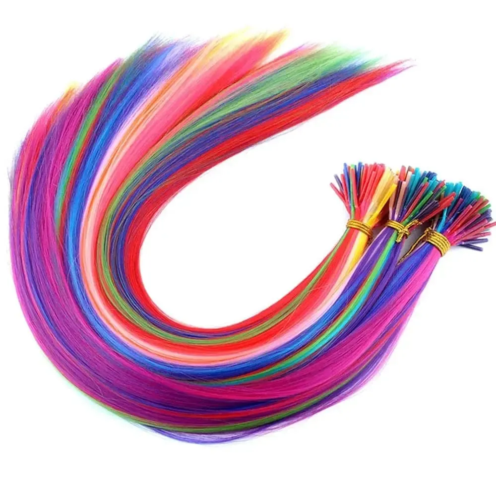 Kit Ekstensi Rambut Sintetis Pelangi 20 "10 Buah Ekstensi I-tip Berwarna dengan Jarum Kait Manik-manik Mikro untuk Cosplay Anak-anak Wanita — image 3