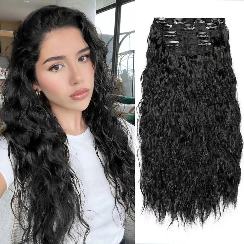 4pcs / set clip dans les extensions de cheveux naturel noir maïs ondulé 20 '' longs bouclés épais postiches synthétiques pour femmes filles fête quotidienne — image 2