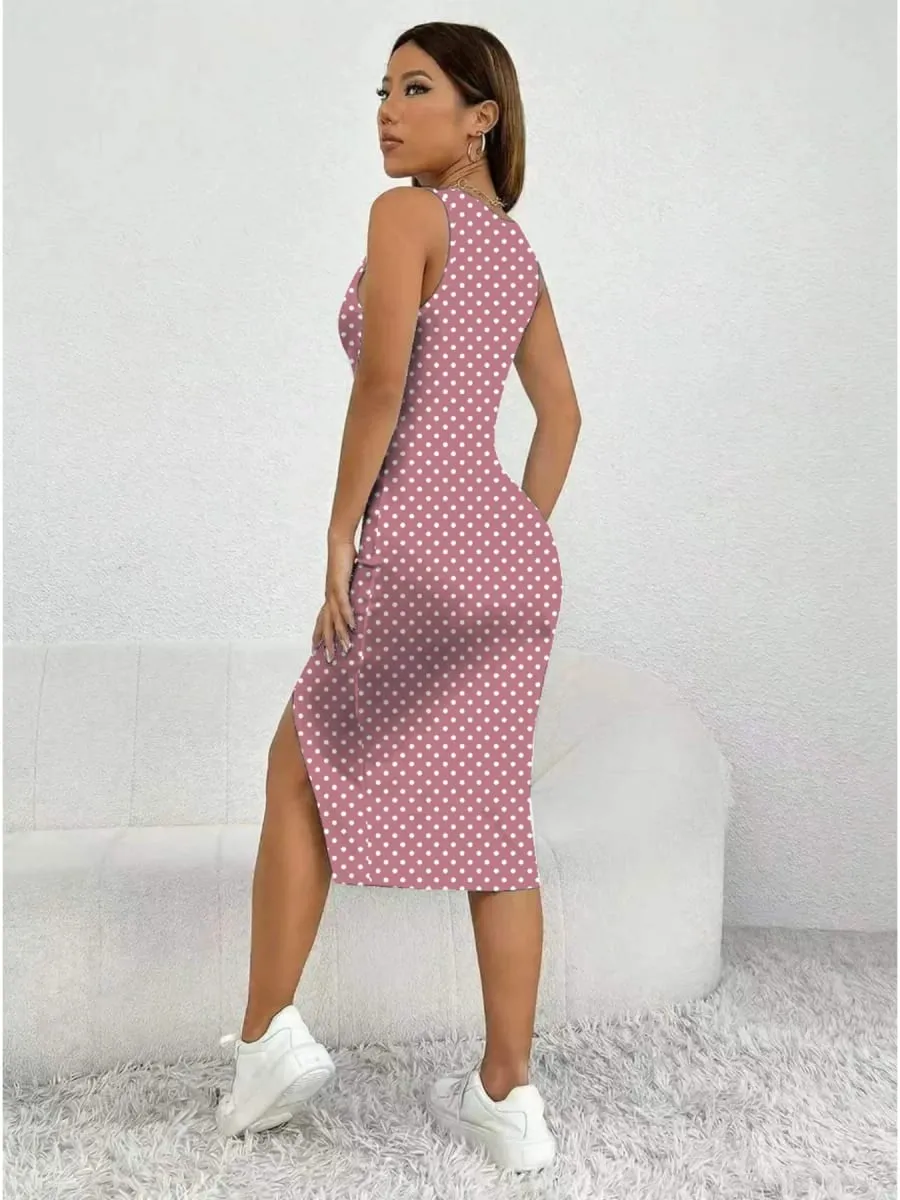 Women's Casual Elegant Thick Strap Square Neck Sleeveless Polka Dot Printed Slit Dress Mid-Length Skirt — image 2