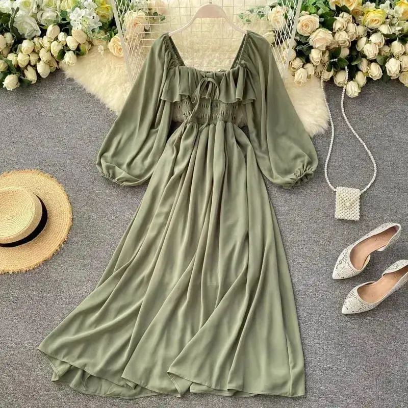 Chic Eleganter Platz Kragen Maxi Kleid Frauen Solide Chiffon Puff Sleeve Kleider 2026 Strand Party Robe Vintage Rüschen Vestidos Y2k