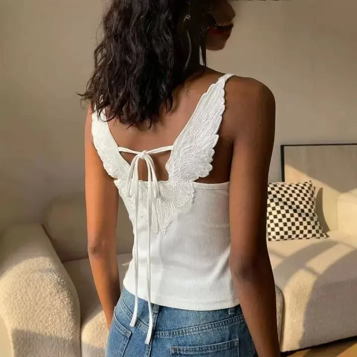 สีขาวมุมปีกปัก Camis Y2K เซ็กซี่ Backless Bow-Tie STRAPS Slim เสื้อกั๊กผู้หญิงฤดูร้อน Tank Top — image 4