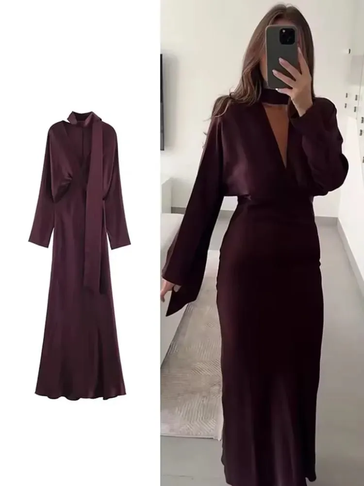 2026 nuova sciarpa abiti lunghi eleganti solidi donna primavera scollo a V manica lunga club party abito lungo abiti eleganti slim fit femminili — image 2