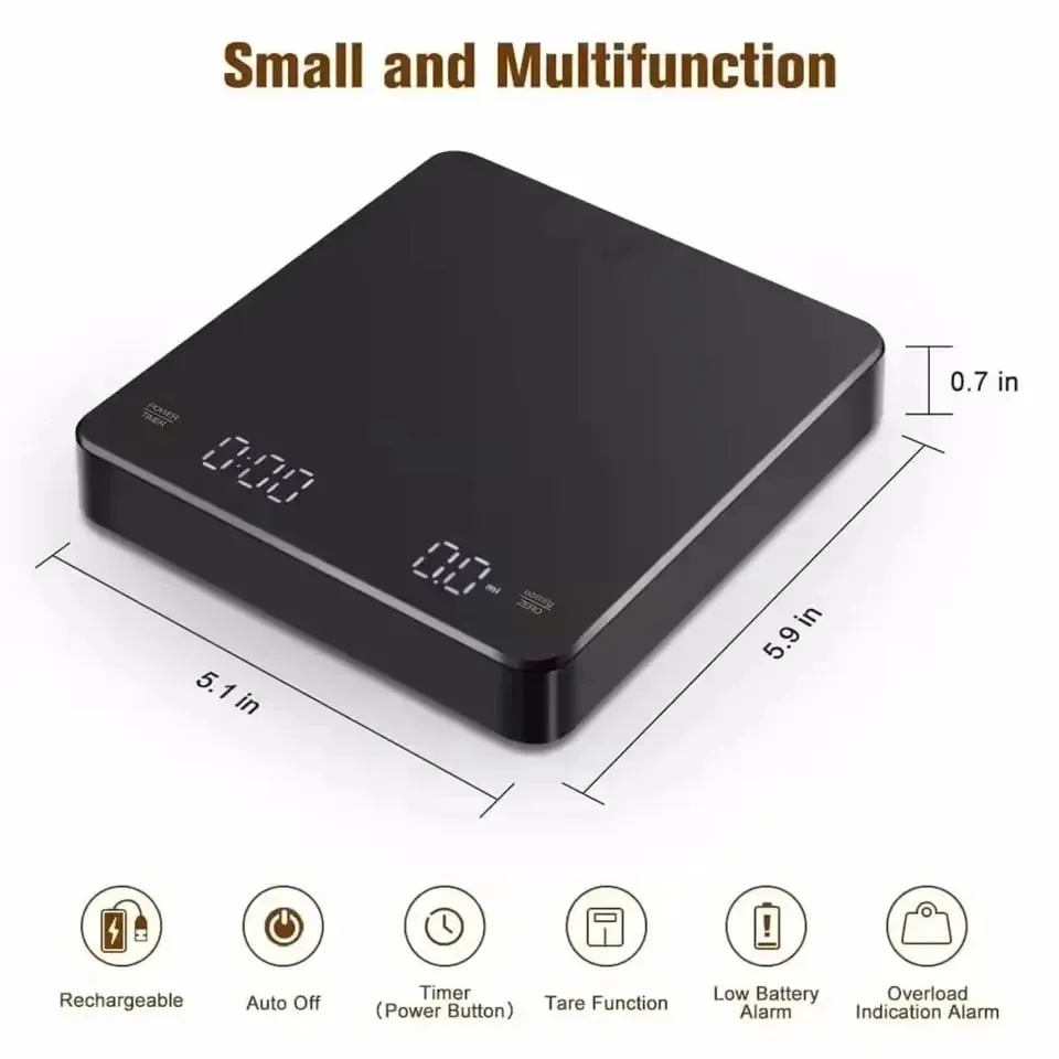 משקל אספרסו דיגיטלי נטענת USB עם מסך LED טיימר 3 ק"ג 0.1 גרם דיוק משקל מטבח תמיכת g oz ml המרת יחידה — image 2