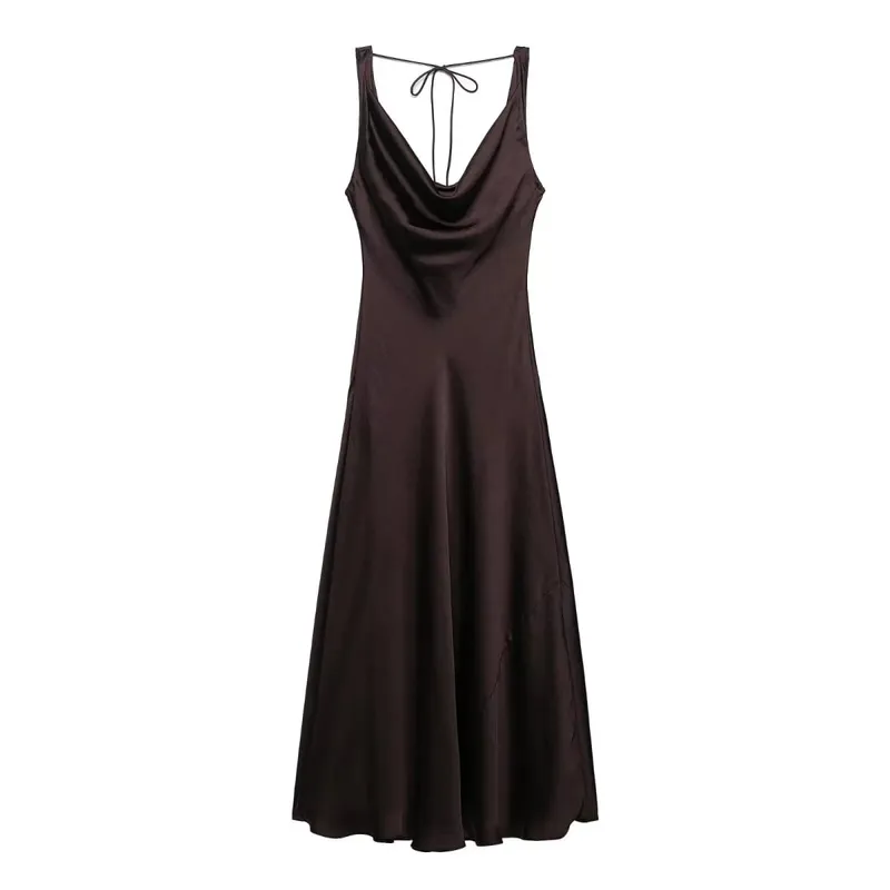 HH Abito longuette da donna in stile vacanza in raso con scollo a V senza schienale Abito estivo femminile elegante con cinturino allacciato
