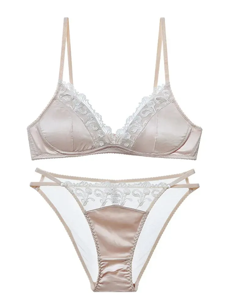 Dessous-Set im französischen Stil für Damen, dünner, bügelloser Triangel-BH mit Spitzen- und Stickmuster — image 2