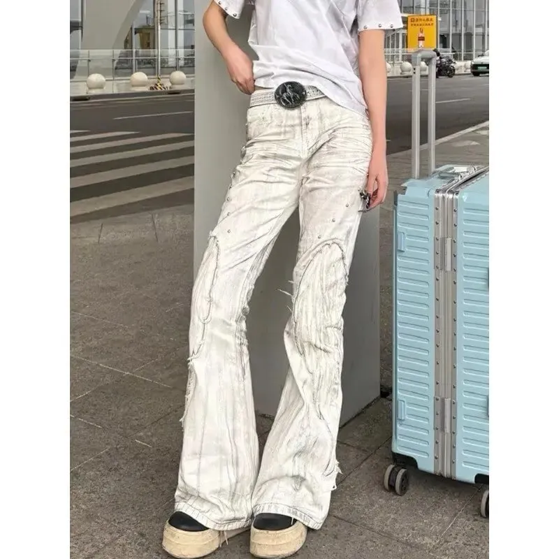 Jean évasé rétro américain Y2K pour femmes, pantalon en Denim blanc délavé, Patchwork, Vintage Hrajuku Punk, taille haute, Slim, Streetwear — image 8